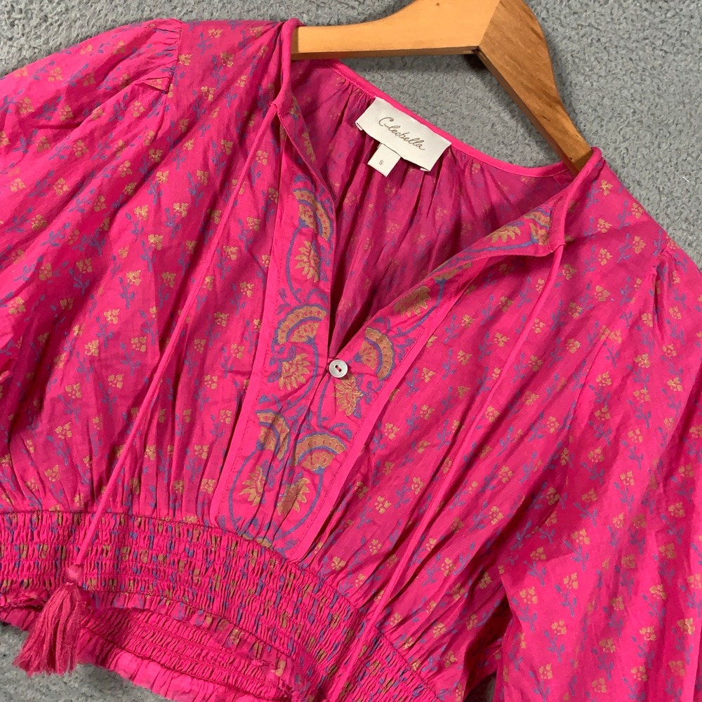 Cleobella Blouse Top Womens Size Small S Pink Floral Smocked Crop Balloon Sleeve